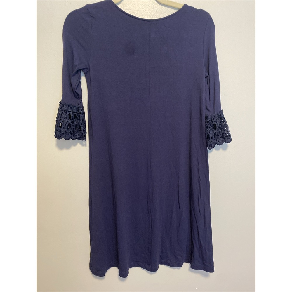 Lilly Pulitzer Ophelia Shift Dress Crochet Bell Sleeve Size XS Navy Blue Stretch - Picture 4 of 4
